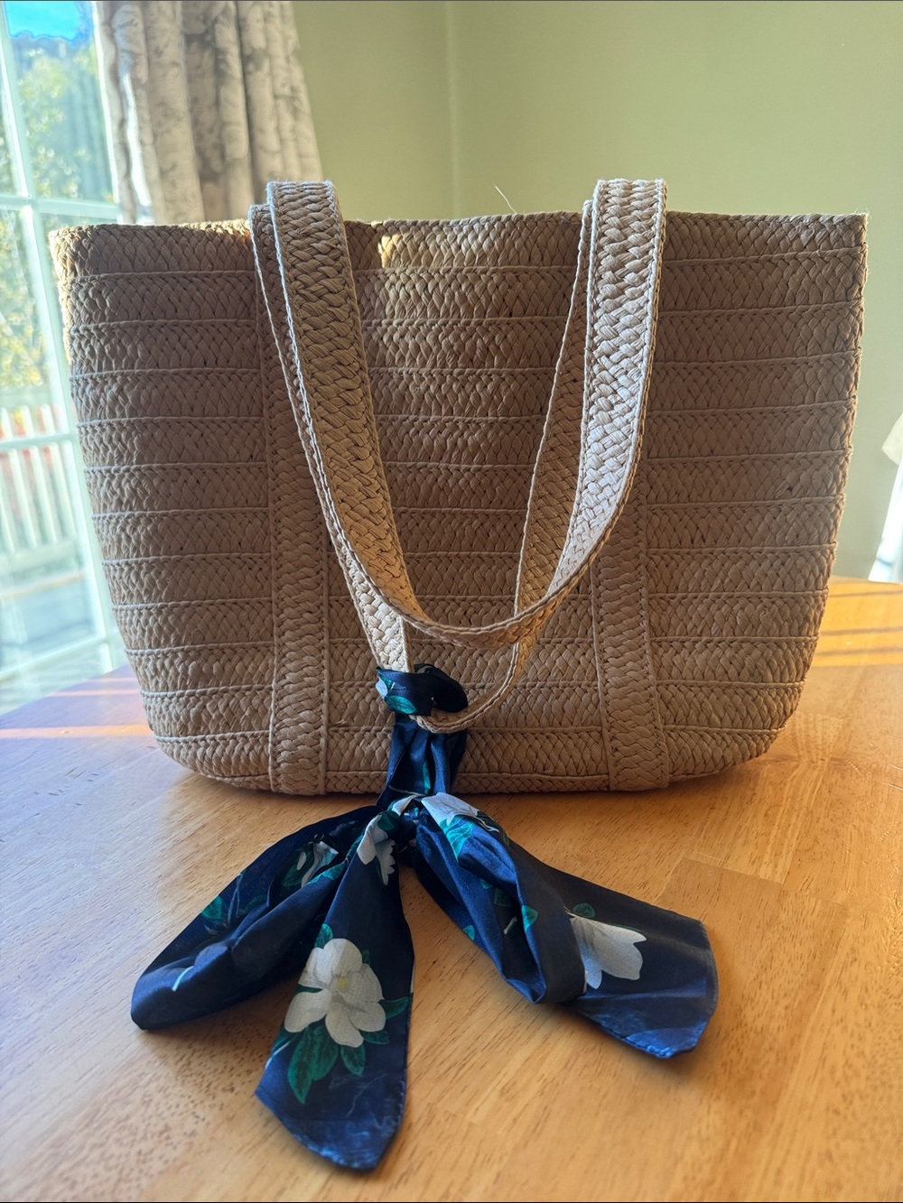 Neutral Woven Tote Bag with Navy Floral Scarf